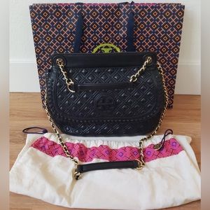 Tory Burch Marion Black Leather Quilted Saddle Bag